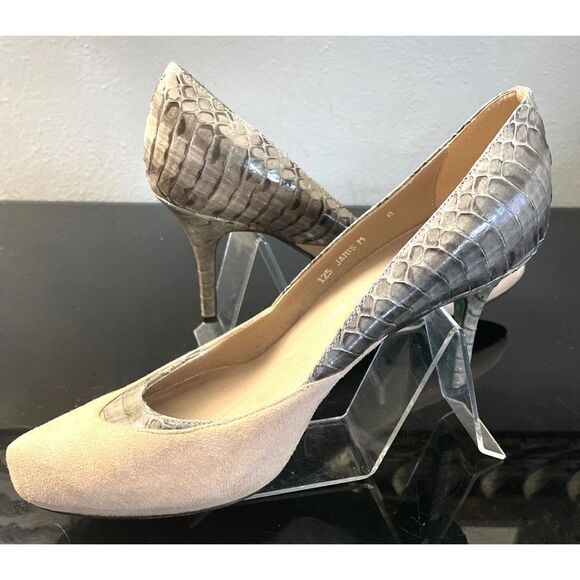 Donald J. Pliner Lisa Janis Suede Heels 3” Snakeskin Trimmed Taupe Women’s 8 M - Picture 6 of 11